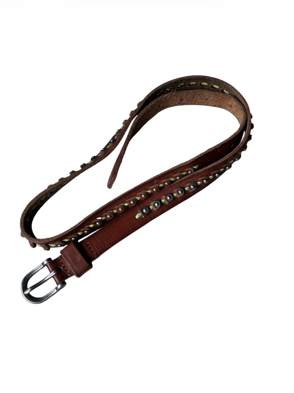 American Eagle Women's Brown Leather Belt Silver Studs Yellow Stitching Size XS
